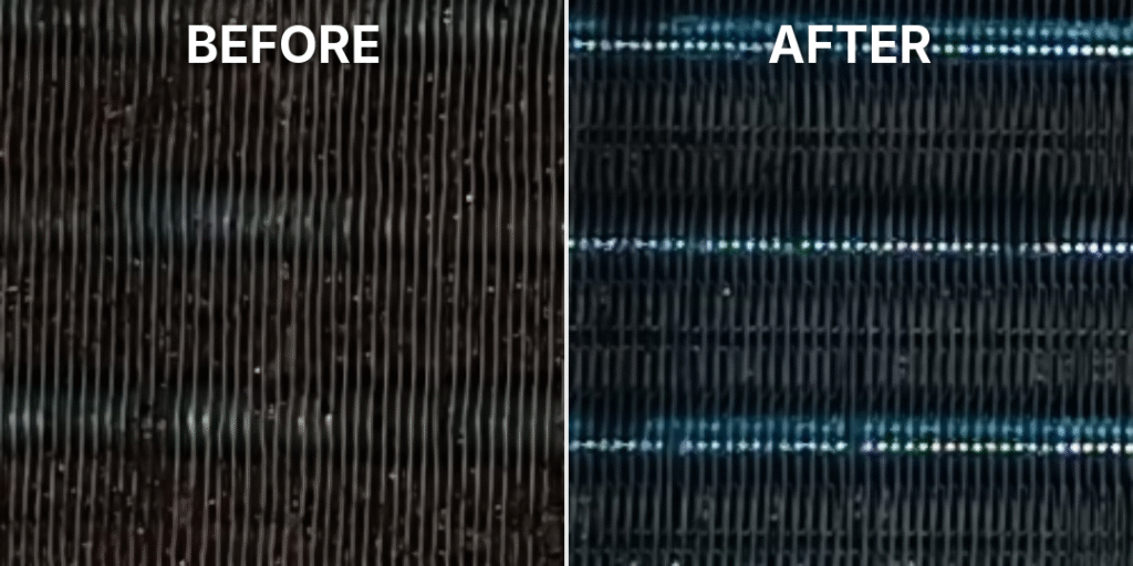 Before and after - evaporator deep clean shows sparkles when before there was mould, lint and buildup.